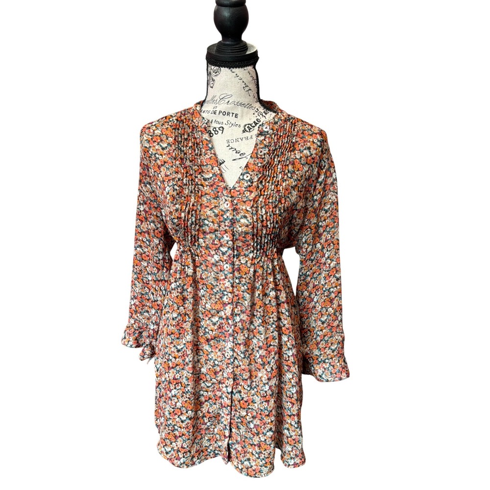 American Rag Cie Orange Floral Pintuck Button Front Mini‎ Dress Womens Large L
